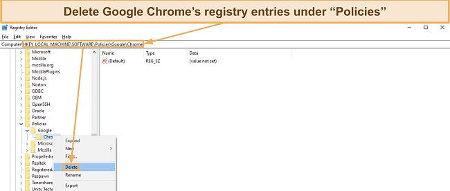 Screenshot showing how to delete Google Chrome's registry keys