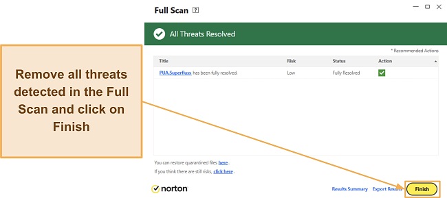 Screenshot showing how to complete Norton's full scan