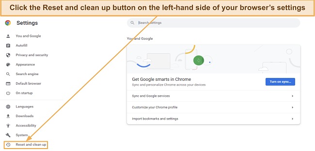 Screenshot showing how to access Google Chrome's Reset and clean up menu