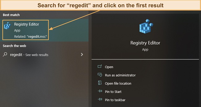Screenshot showing how to access Windows' registry editor