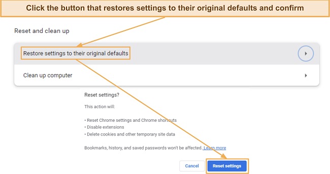 Screenshot showing how to restore Google Chrome to its original defaults