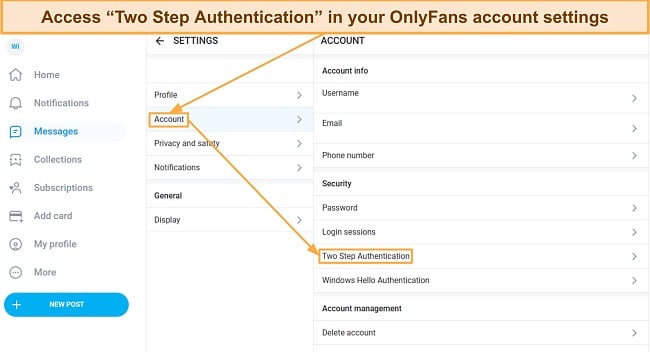 Screenshot showing how to access OnlyFans' 2FA menu