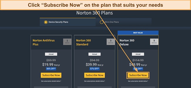 Screenshot showing how to subscribe to one of Norton's plans