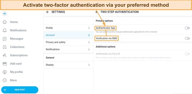 Screenshot showing how to enable 2FA for your OnlyFans account