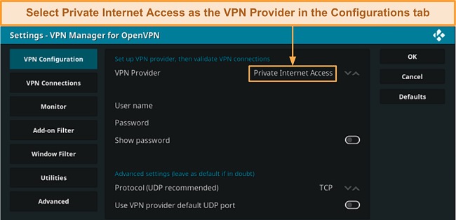 Screenshot of how to add PIA on Kodi's VPN Configurations page