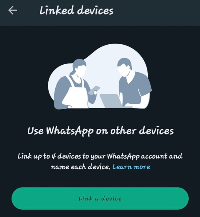 Captura de tela de dispositivos vinculados ao WhatsApp Business