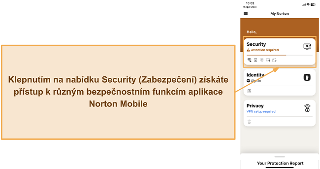 Snímek obrazovky ukazující, jak přistupovat k bezpečnostním funkcím Nortonu na iOS