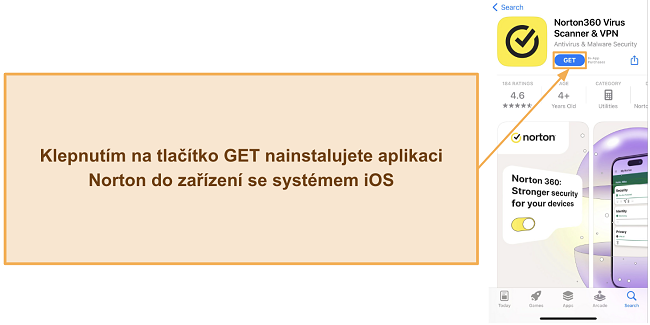 Snímek obrazovky ukazující, jak nainstalovat Norton na zařízeních s iOS