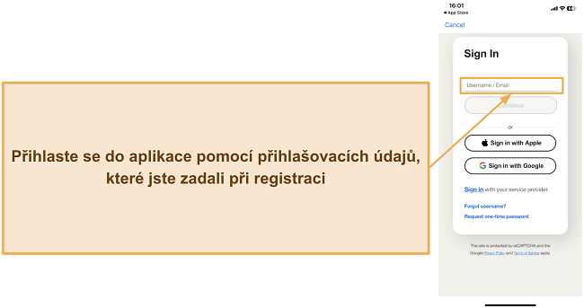 Snímek obrazovky ukazující, jak se přihlásit do mobilní aplikace Norton