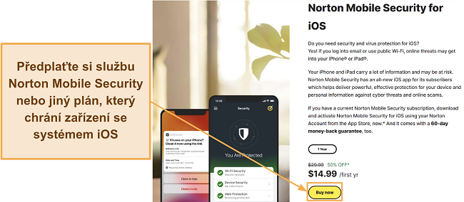 Snímek obrazovky ukazující, jak se přihlásit k odběru Norton Mobile Security