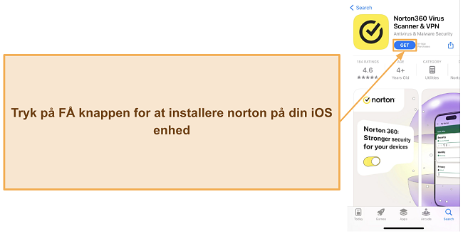 Skærmbillede, der viser, hvordan man installerer Norton på iOS-enheder