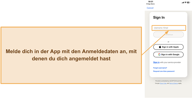 Screenshot, der zeigt, wie man sich bei der Norton-Mobil-App anmeldet