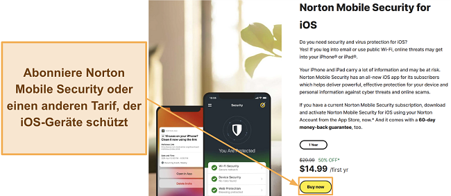 Screenshot, der zeigt, wie man Norton Mobile Security abonniert