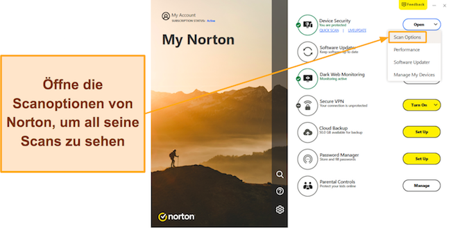 Screenshot, der zeigt, wie Sie auf das Menü „Scanoptionen“ von Norton zugreifen