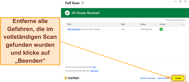 Screenshot, der zeigt, wie der vollständige Scan von Norton durchgeführt wird