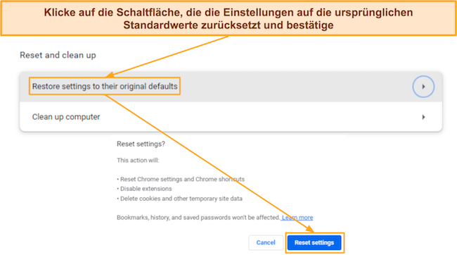 Screenshot, der zeigt, wie man Google Chrome auf die Standardeinstellungen zurücksetzt