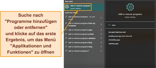 Screenshot, der zeigt, wie Sie auf das Windows-Menü „Apps und Funktionen“ zugreifen