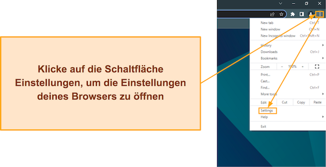 Screenshot, der zeigt, wie man die Browsereinstellungen von Google Chrome öffnet