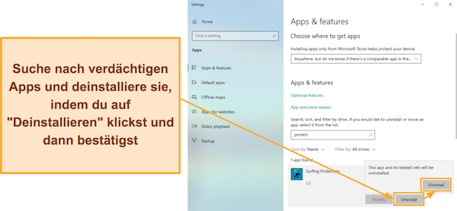Screenshot, der zeigt, wie verdächtige Anwendungen über das Menü „Apps und Funktionen“ deinstalliert werden