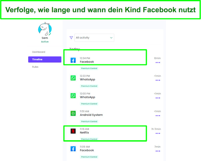 Kindersicherungs-Screenshot des Facebook-Trackers