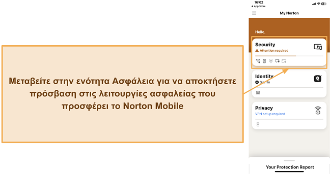Στιγμιότυπο που δείχνει πώς να έχετε πρόσβαση στις λειτουργίες ασφαλείας του Norton στο iOS