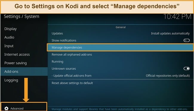 Screenshot of the step-by-step guide showing how to select 'Manage dependencies' during the updated setup process for installing Real Debrid on Kodi.