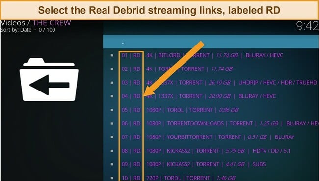 Screenshot of the guide demonstrating how to select Real Debrid streaming links, as part of the updated setup process for installing Real Debrid on Kodi.