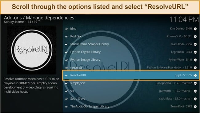 Screenshot of the step-by-step guide depicting how to select ‘ResolveURL’ as part of the updated setup instructions for installing Real Debrid on Kodi.