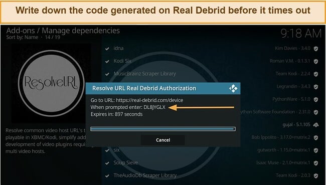 Screenshot of the instruction step highlighting how to take note of the provided code, featured in the updated setup guide for installing Real Debrid on Kodi.