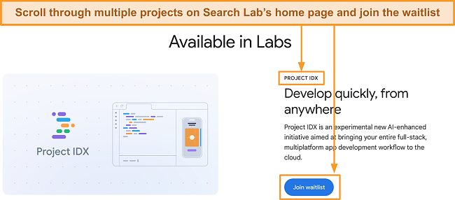 Screenshot of how to join the waitlist of Google Search Lab's projects