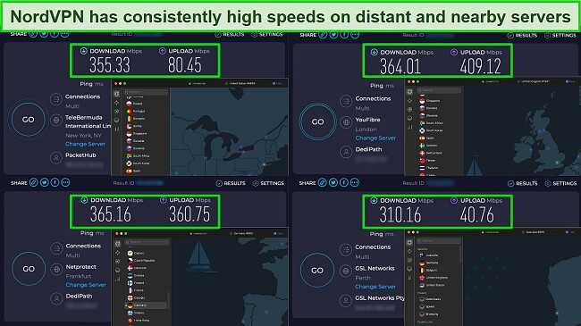 Screenshot of NordVPN speed test results across multiple servers