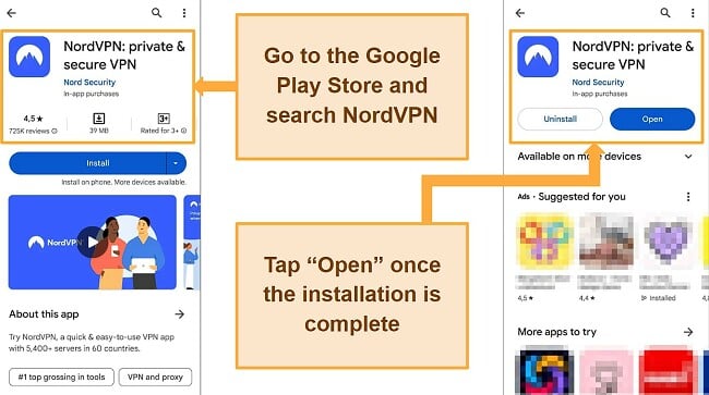 Screenshot of NordVPN app being downloaded from Google Play Store