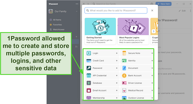 Screenshot of 1Password Item categories