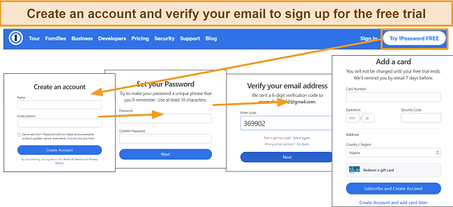 Screenshot of 1Password sign up process