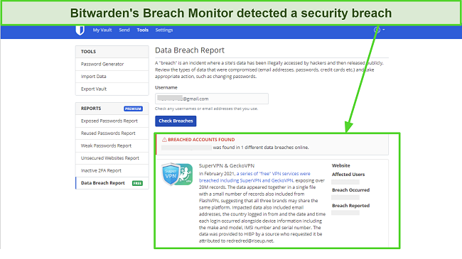 Screenshot of Bitwarden's data breach checker