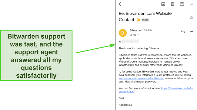 Screenshot of Bitwarden's email support