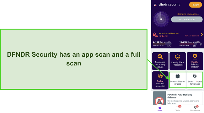 Screenshot of DFNDR Security's virus scan options