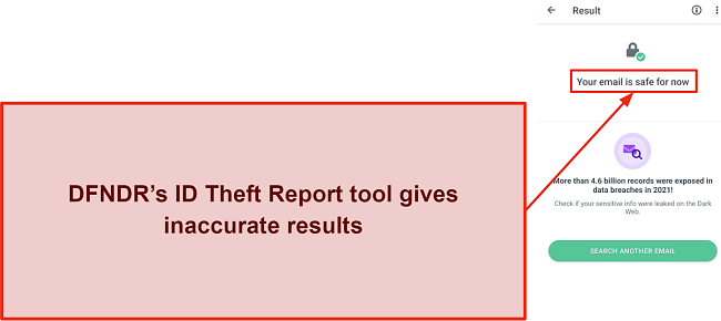 Screenshot of DFNDR's ID Theft Report giving inaccurate results
