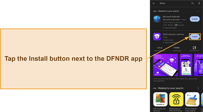 Screenshot showing how to install DFNDR Security from the Google Play store