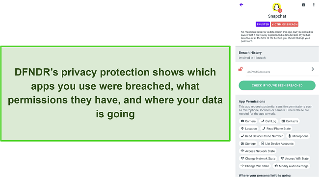 Screenshot of DFNDR's privacy protection feature