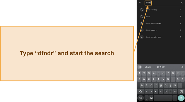 Screenshot showing how to search for DFNDR Security in the Google Play store