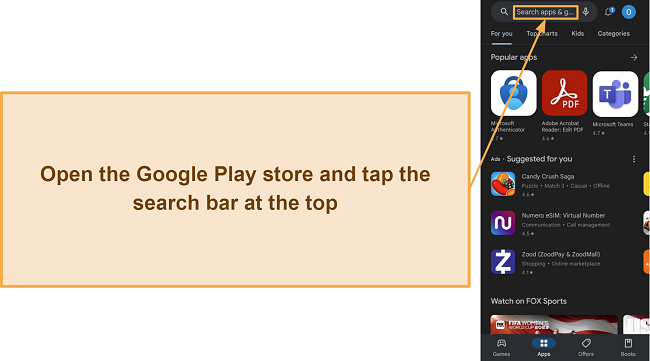 Screenshot showing how to access the search function in the Google Play store