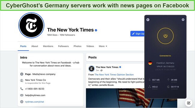 Screenshot of NYT Facebook page showing news content while CyberGhost is connected to a server in Frankfurt, Germany