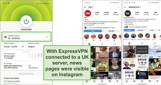 Screenshot of CNN and Global News Instagram pages showing news content while ExpressVPN is connected to a server in Docklands, UK