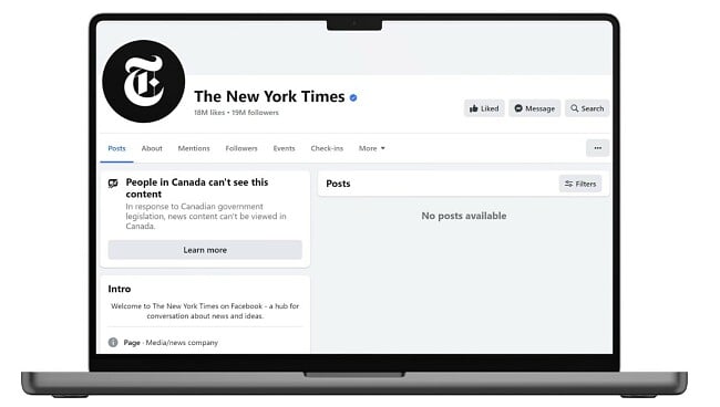 Screenshot of the NYT Facebook page with the error message “People in Canada can’t see this content”
