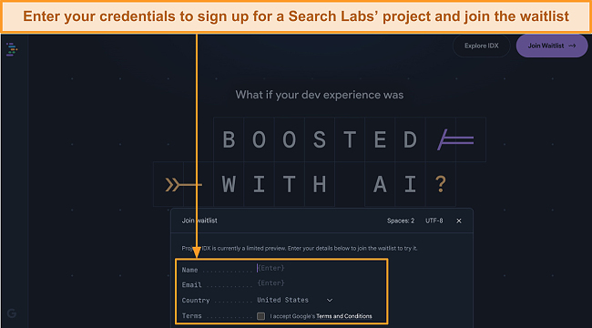 Screenshot of Google Search Lab's Project IDX's home page and join waitlist button