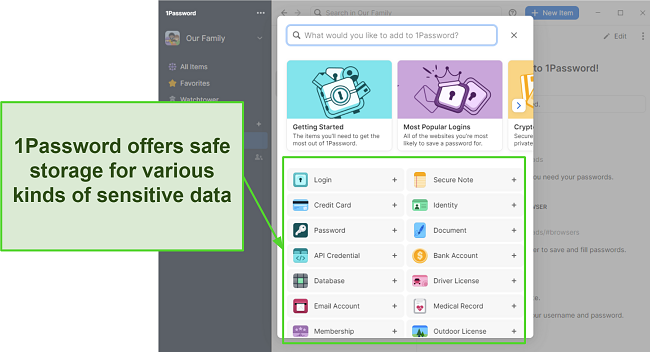 Screenshot showing the information you can store in 1Password's vaults