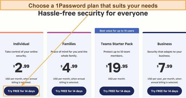 Screenshot showing how to choose one of 1Password's plans