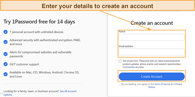 Screenshot showing 1Password's account creation