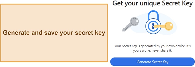 Screenshot showing how to generate a secret key in 1Password